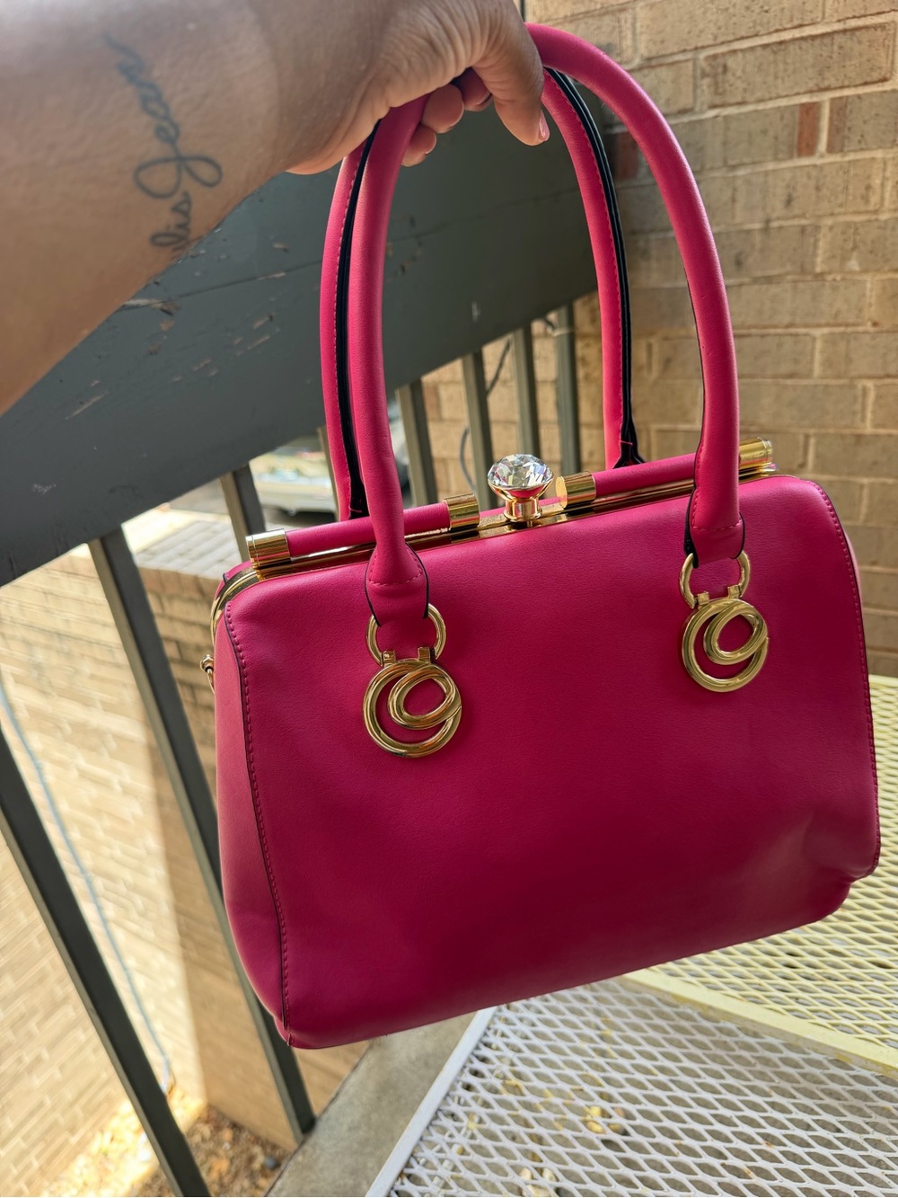 Fuchsia Structured Top-Handle Satchel with Gold Hardware